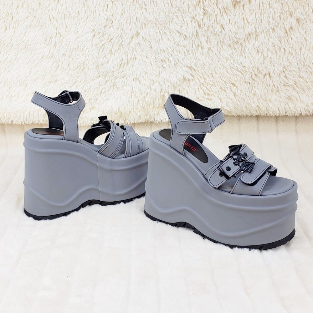 Reflective 6" Platform Goth Wedge Sandals Wave Gray - Picture 7 of 17